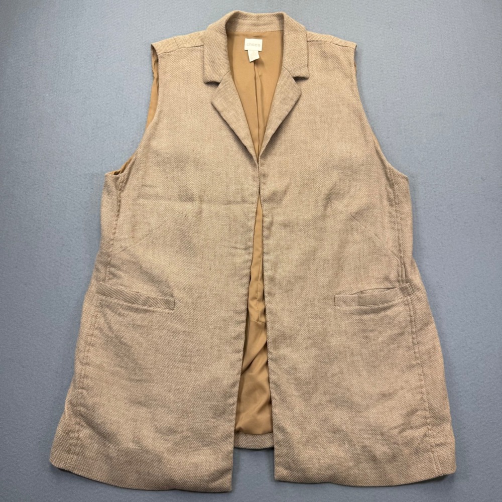 Chicos Size 3/XL Beige Linen Blend Longline Vest Notched‎ Lapel Open Front Lined